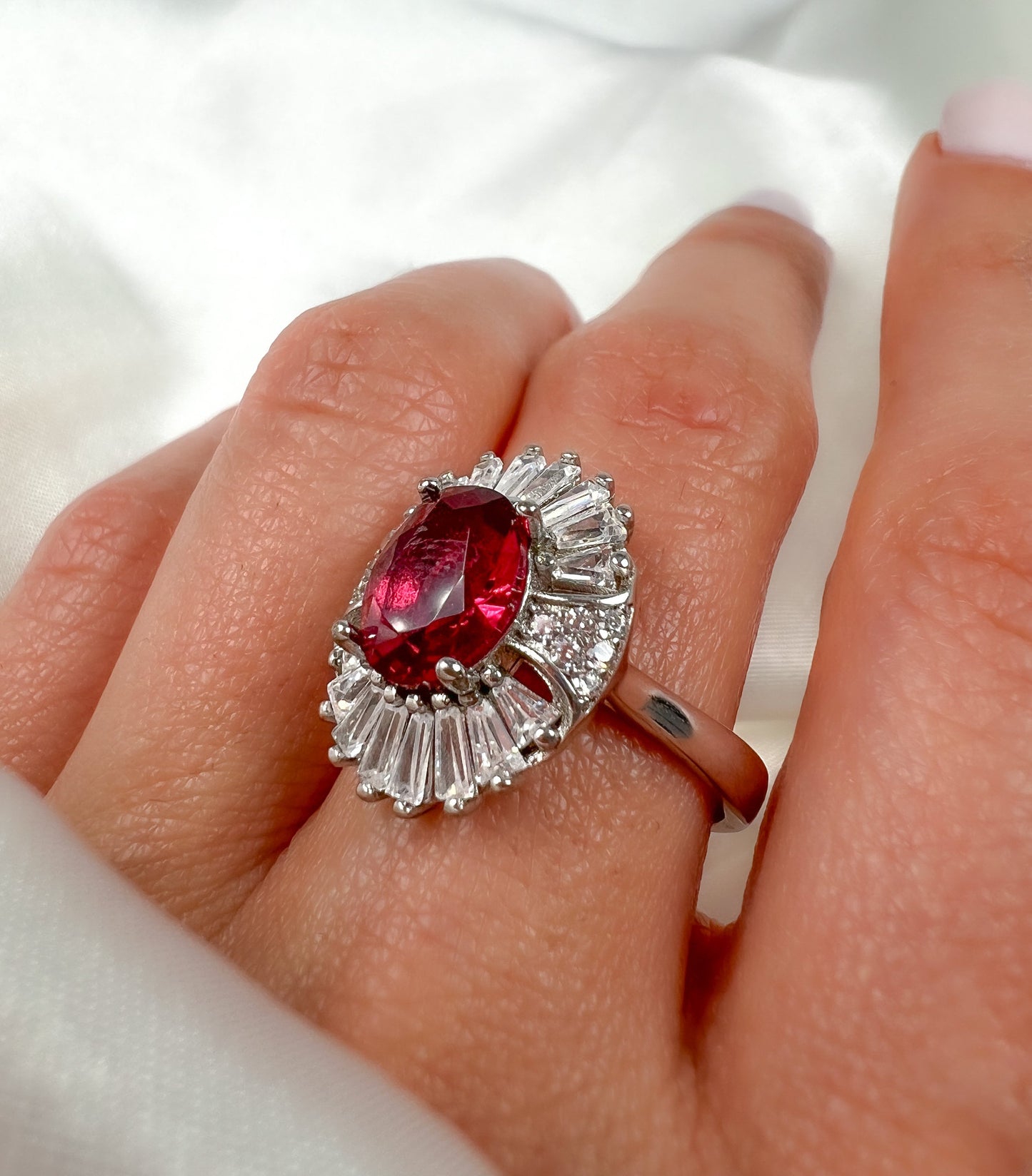 2 Ct Oval Cut Ruby Halo Sterling Silver Ring, size 6.25