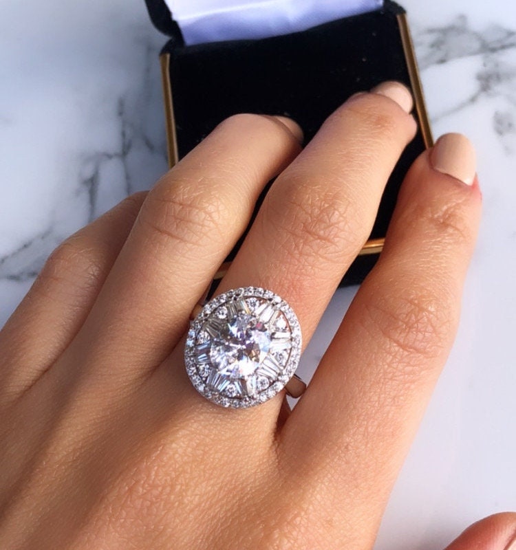 Oval Cut Halo Sterling Silver Engagement Ring, Size 7.25