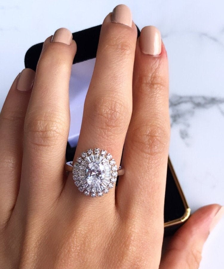Oval Cut Halo Engagement Ring in Sterling Silver , Size 7