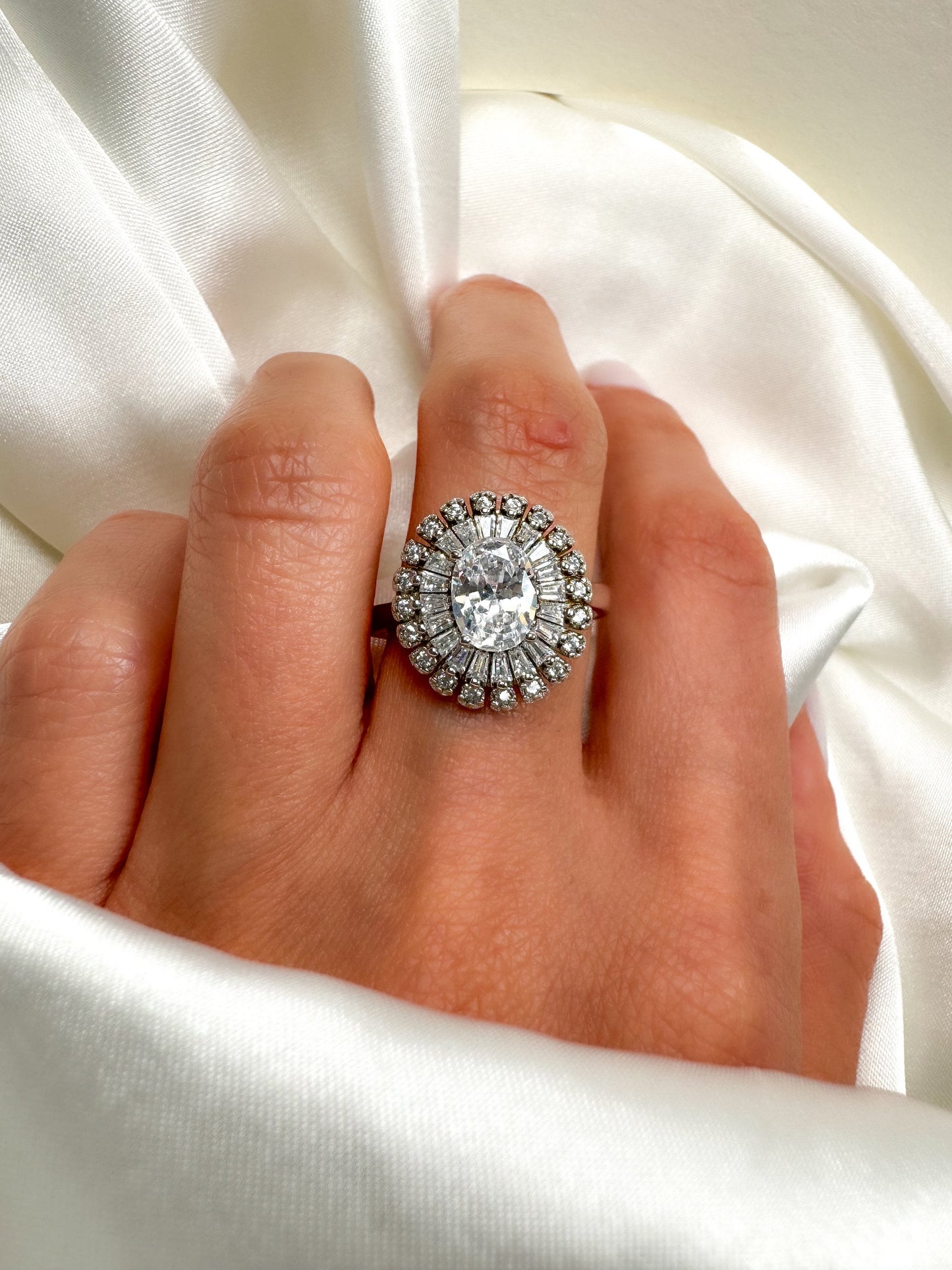 Oval Cut Halo Engagement Ring in Sterling Silver , Size 7