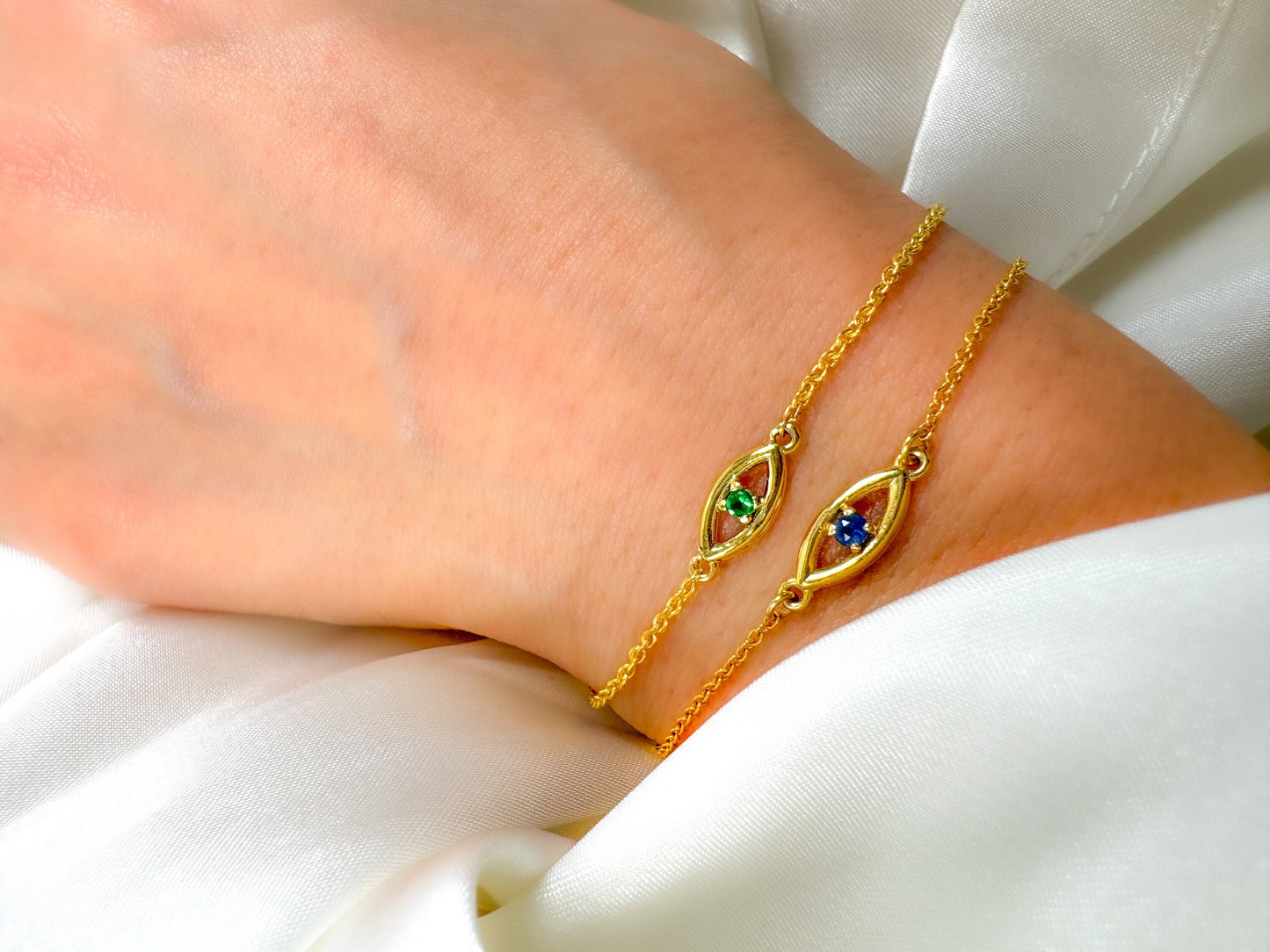 14k Solid Gold Evil Eye Bracelet with Diamond, Emerald or Sapphire Gemstone