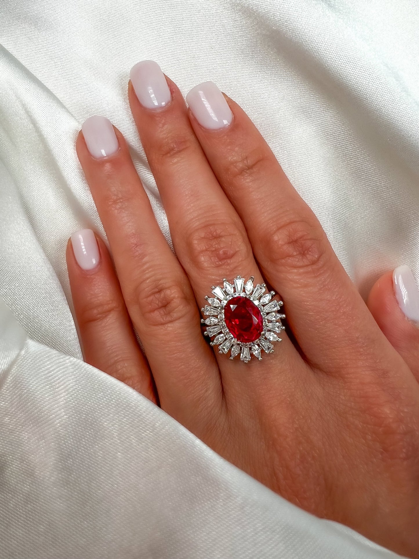 2Ct Oval Ruby Halo Sterling Silver Ring, Cocktail Statement Ring, Size 6.5