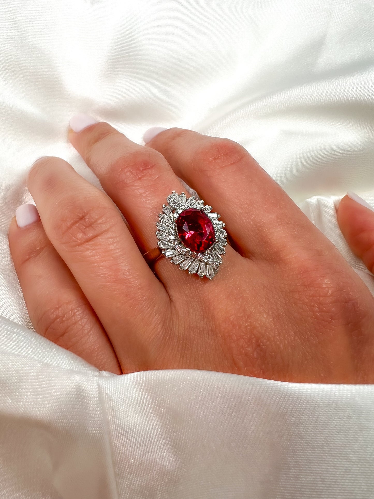 Ruby Statement Halo Sterling Silver Ring, Size 9