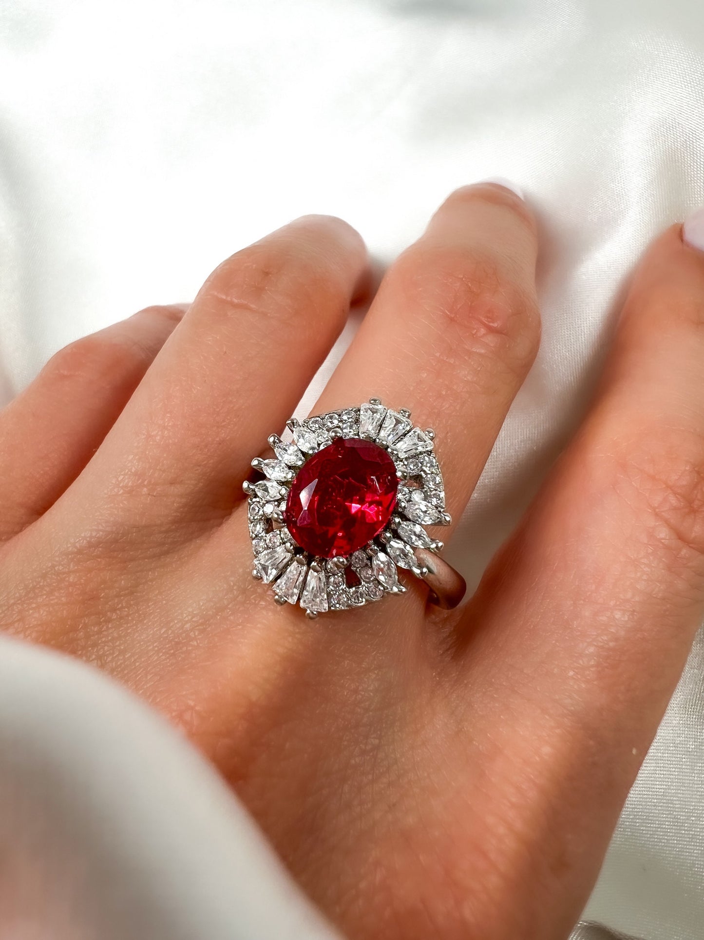 2Ct Oval Ruby Diamond Halo Ring in Sterling Silver, Size 8.25