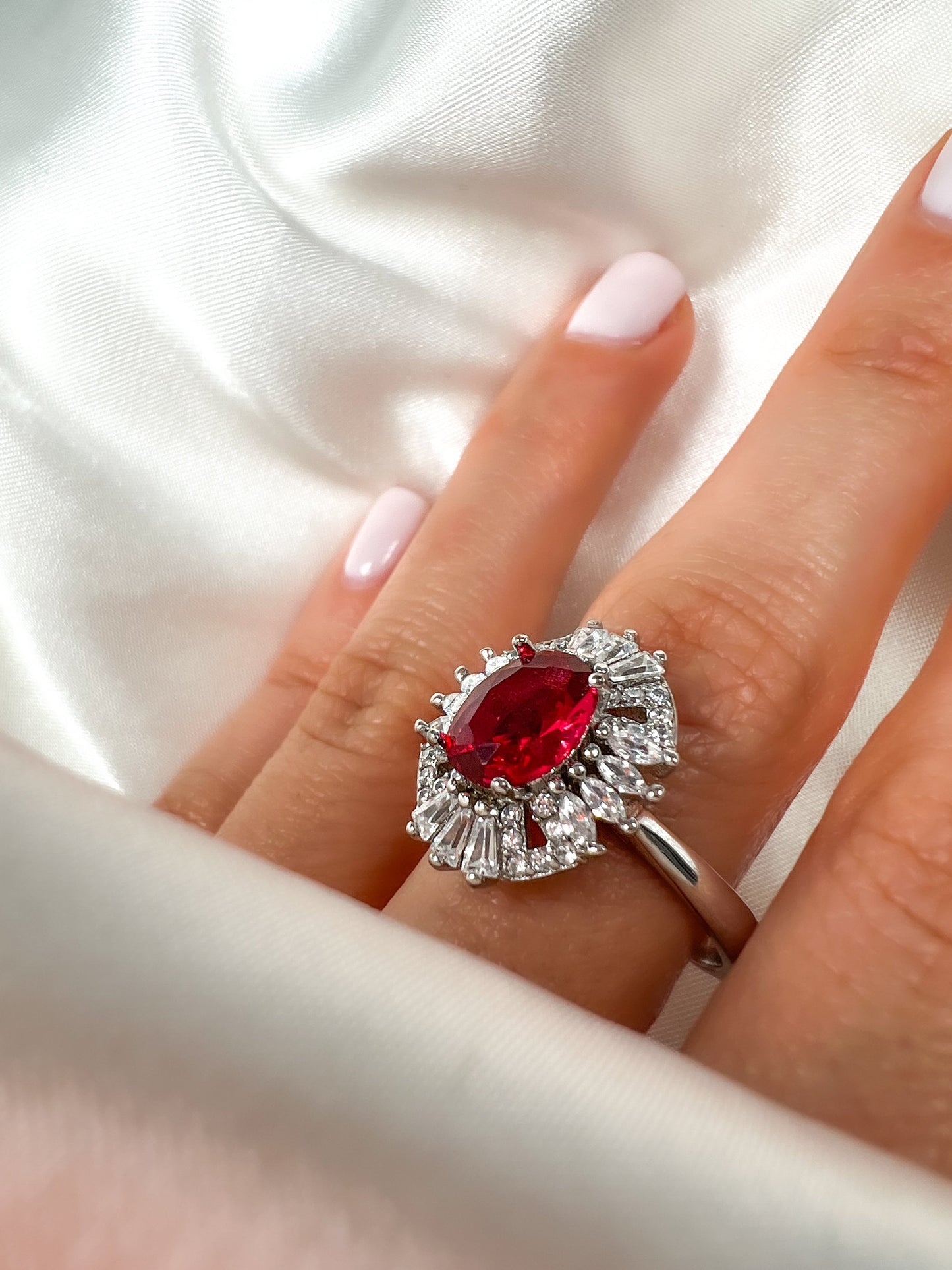 2Ct Oval Ruby Diamond Halo Ring in Sterling Silver, Size 8.25