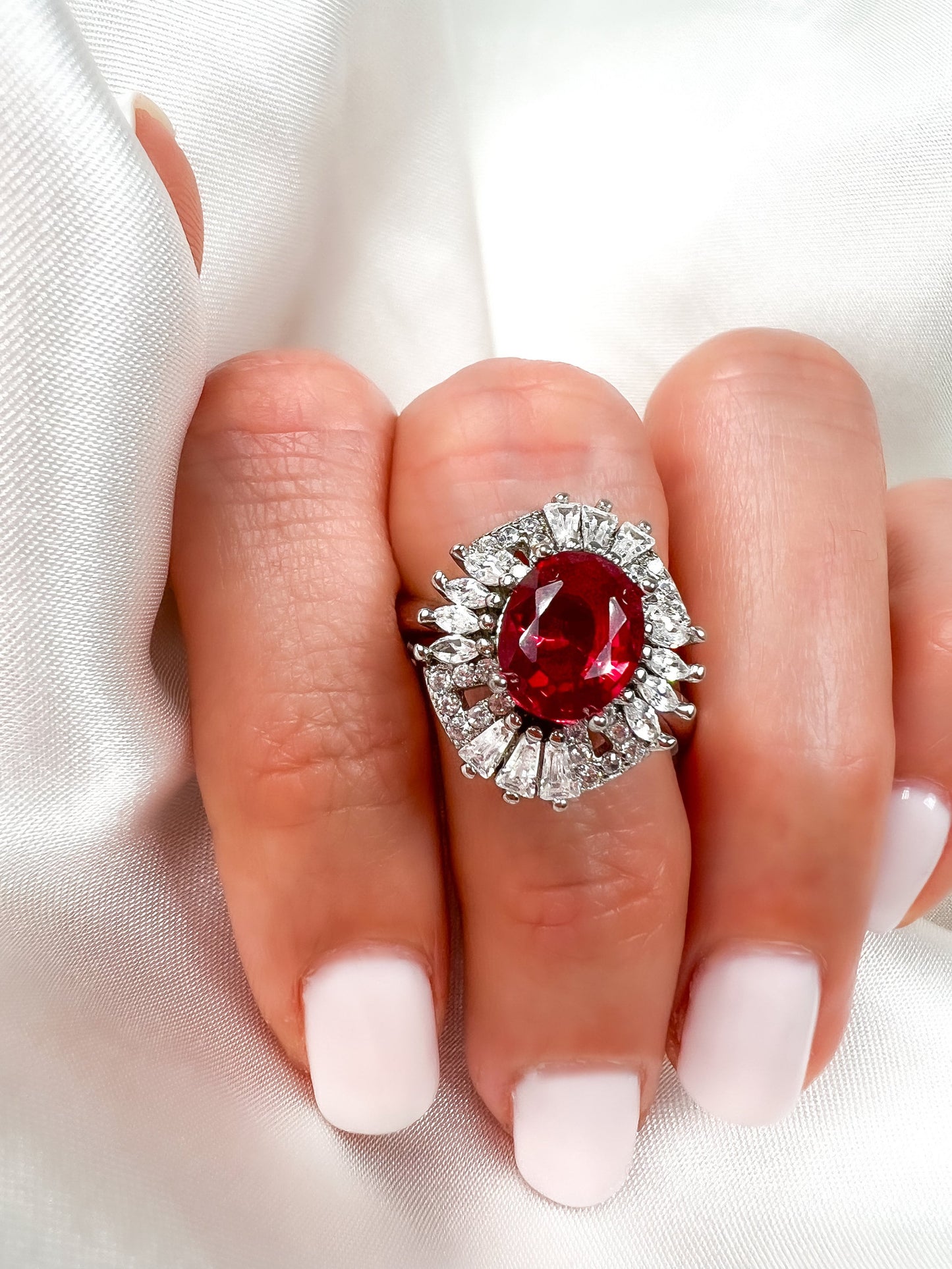 2Ct Oval Ruby Diamond Halo Ring in Sterling Silver, Size 8.25