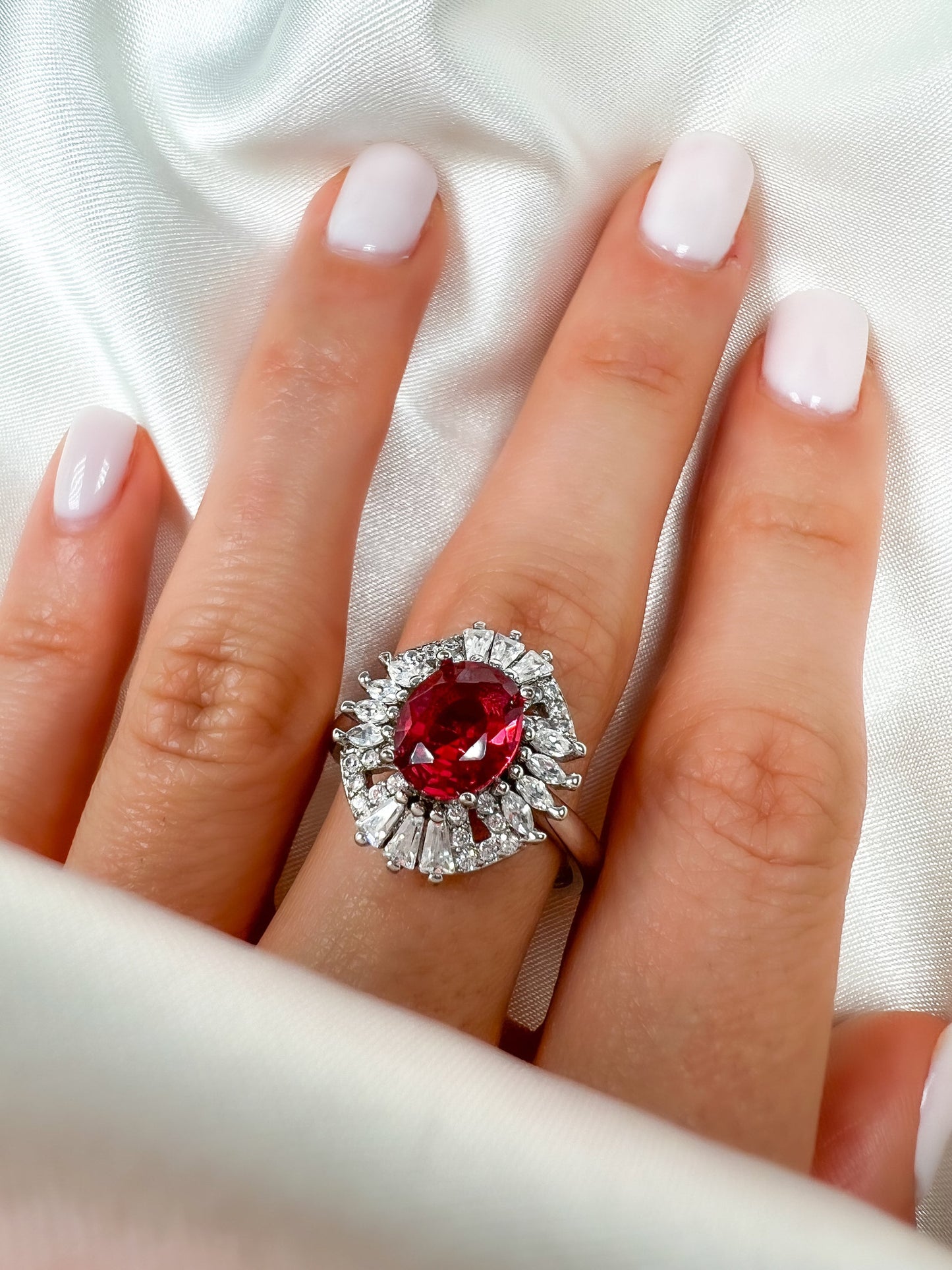 2Ct Oval Ruby Diamond Halo Ring in Sterling Silver, Size 8.25