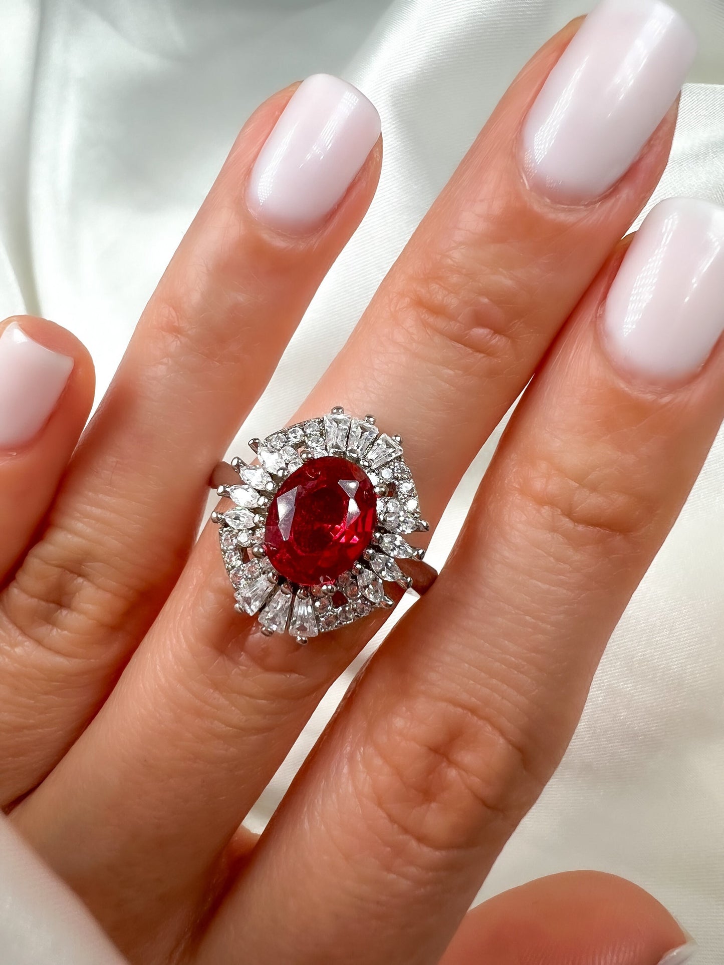 2Ct Oval Ruby Diamond Halo Ring in Sterling Silver, Size 8.25