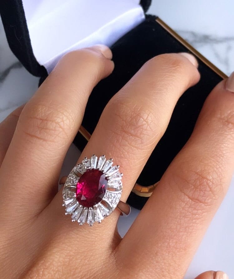 2 Ct Oval Cut Ruby Halo Sterling Silver Ring, size 6.25