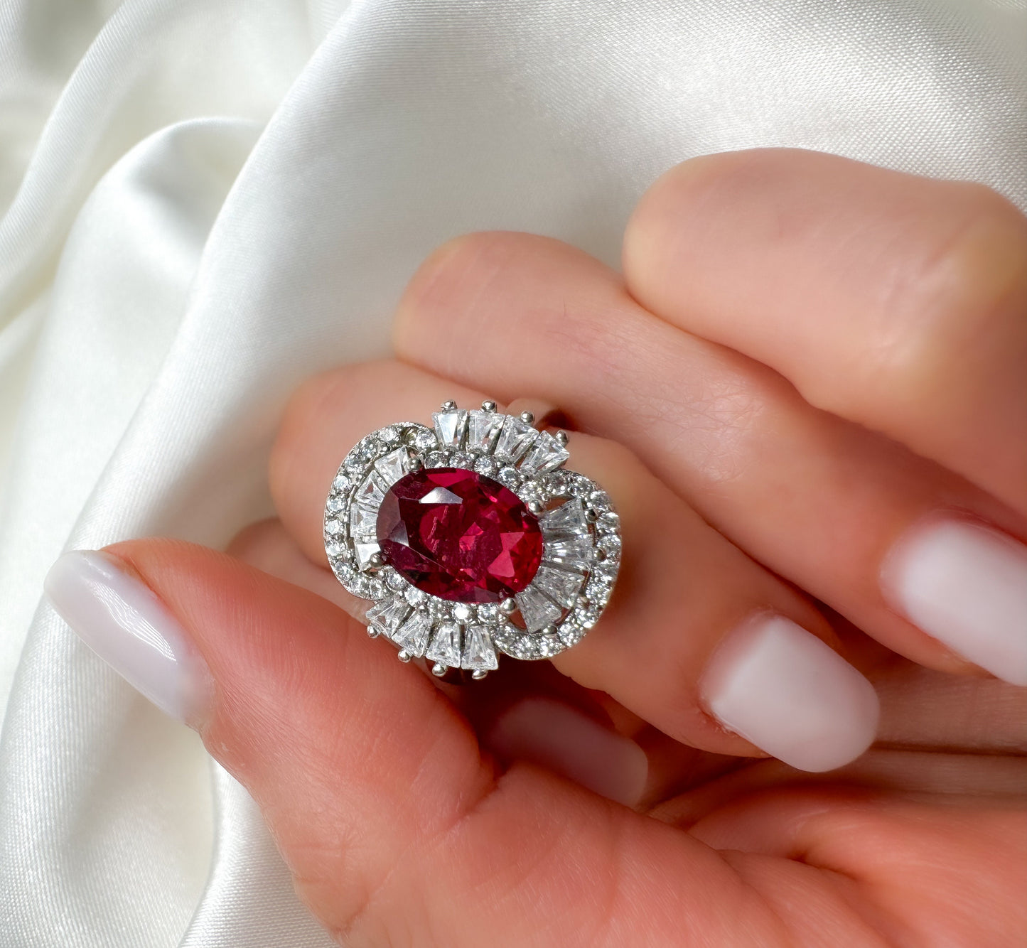 2Ct Oval Cut Ruby Diamond Statement Silver Ring, Size 7
