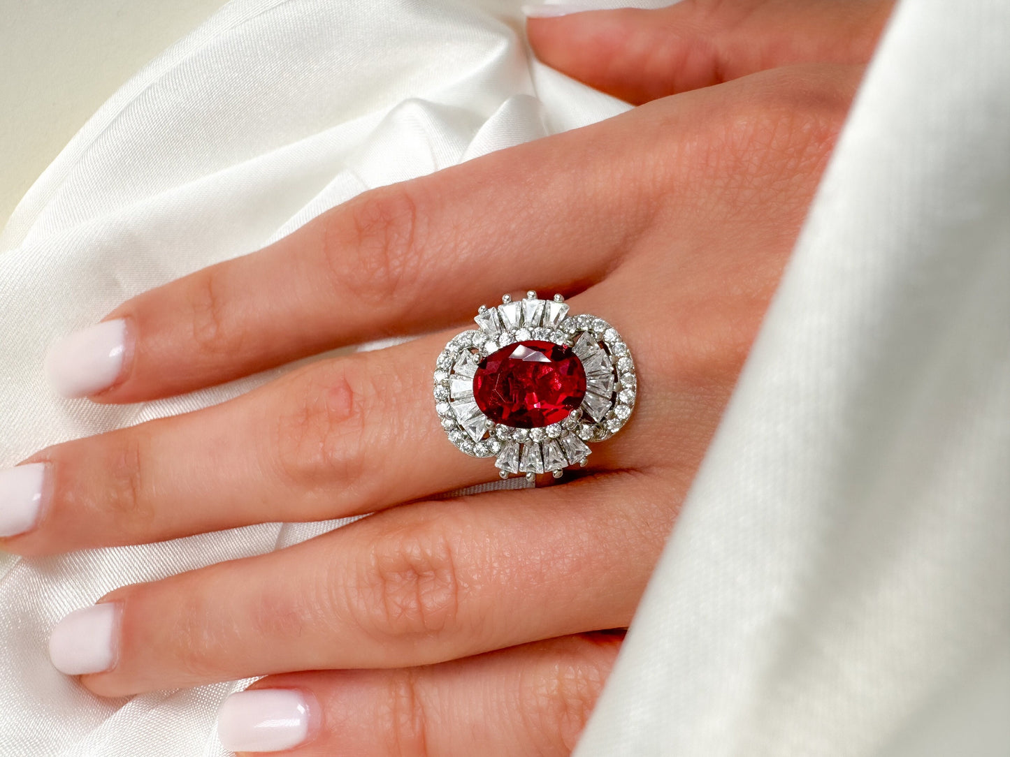 2Ct Oval Cut Ruby Diamond Statement Silver Ring, Size 7