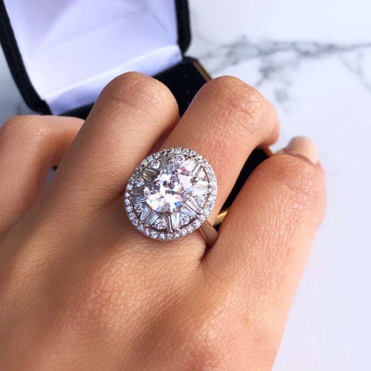 Oval Cut Halo Sterling Silver Engagement Ring, Size 7.25