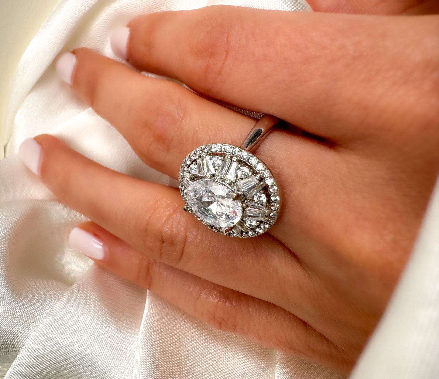 Oval Cut Halo Sterling Silver Engagement Ring, Size 7.25