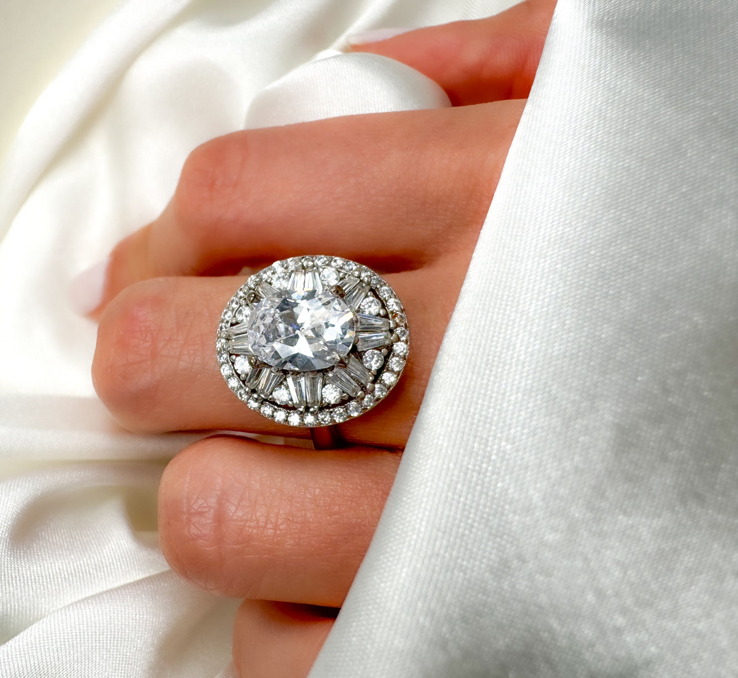 Oval Cut Halo Sterling Silver Engagement Ring, Size 7.25