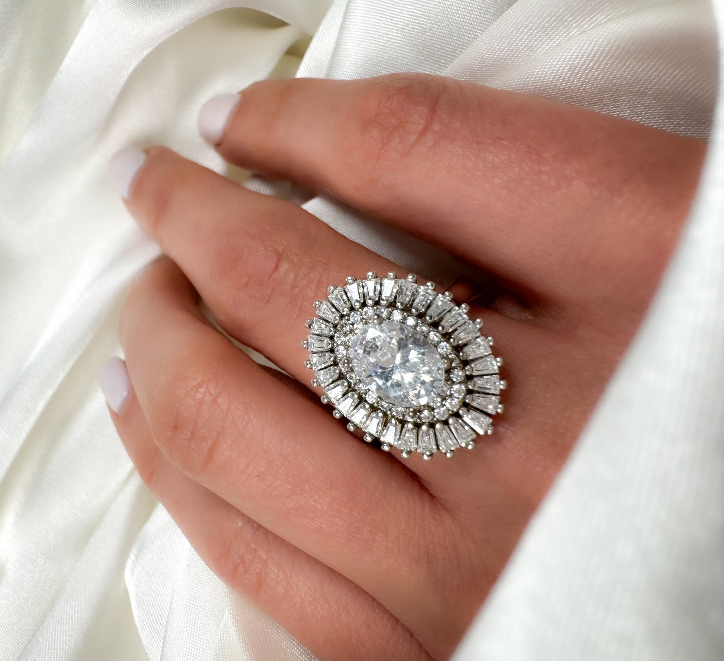 Oval Cut Halo Sterling Silver Engagement Ring, Size 6.5