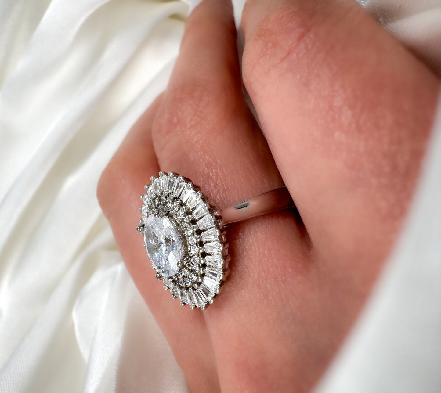 Oval Cut Halo Sterling Silver Engagement Ring, Size 6.5