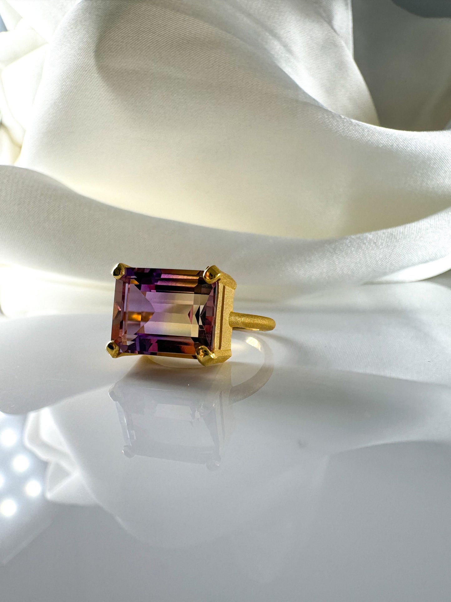 East West Setting Natural Ametrine Solitaire Ring in 14k Solid Gold