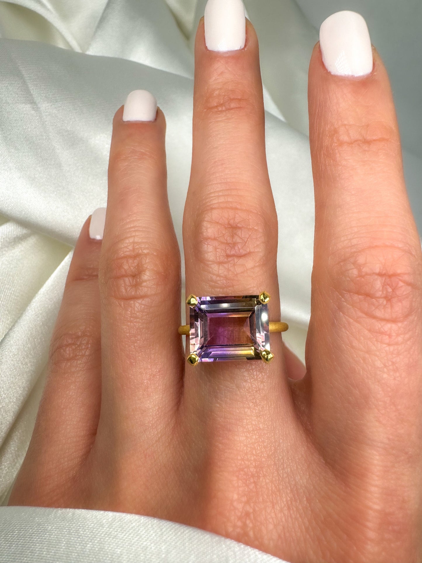 East West Setting Natural Ametrine Solitaire Ring in 14k Solid Gold
