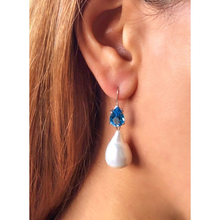 14k Solid Gold Blue Topaz & Baroque Pearl Earrings
