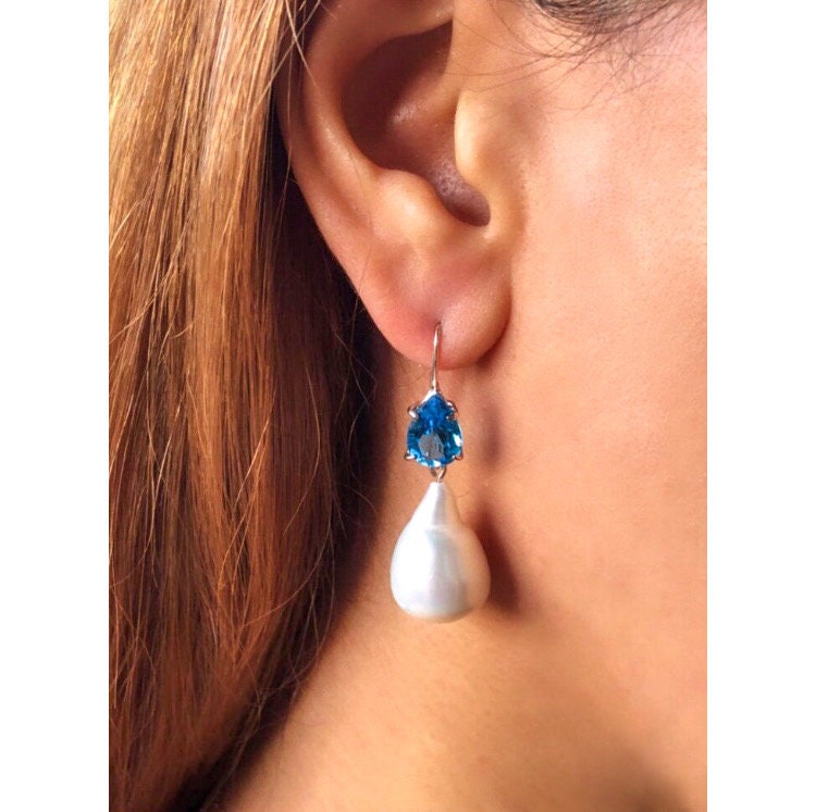 14k Solid Gold Blue Topaz & Baroque Pearl Earrings