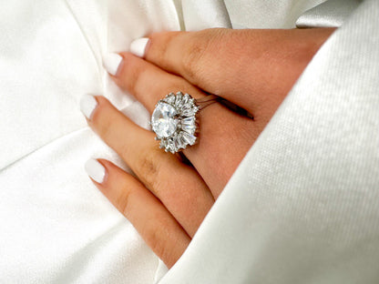 Sterling Silver Oval Cut Halo Engagement Ring, size 8.25