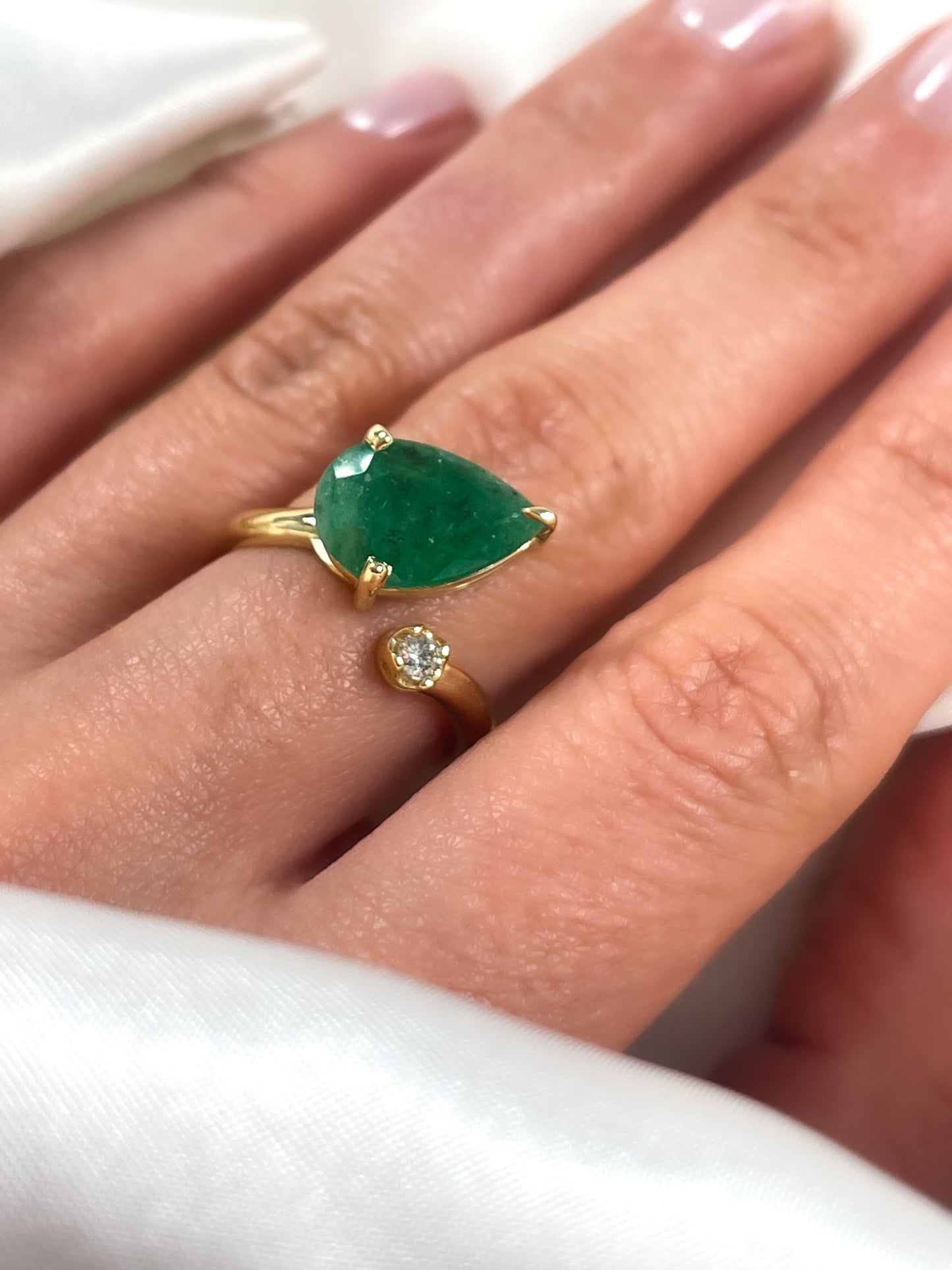 14k Gold 2-Stone Ring, Natural Pear Shaped Emerald With Round Diamond Ring