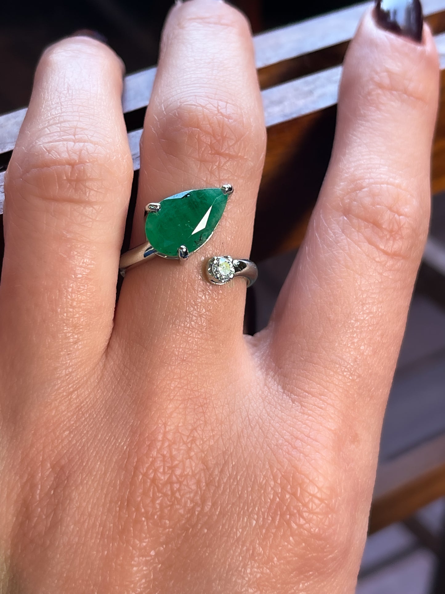 14k Gold 2-Stone Ring, Natural Pear Shaped Emerald With Round Diamond Ring
