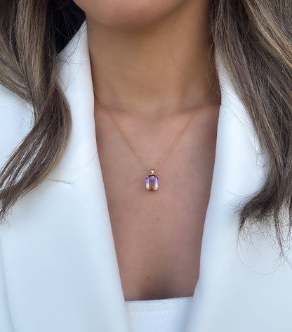 Natural Emerald Cut Ametrine Solitaire Pendant in 14k Solid Gold