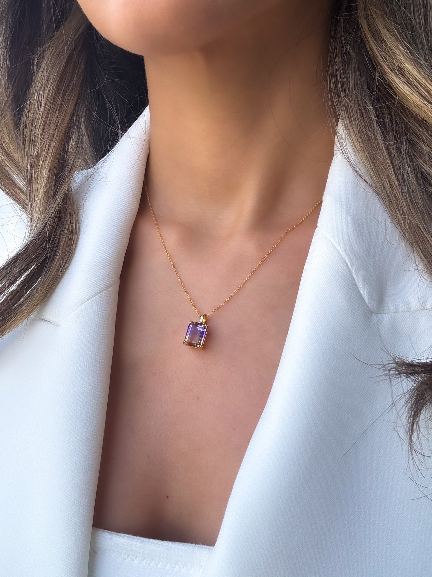 Natural Emerald Cut Ametrine Solitaire Pendant in 14k Solid Gold