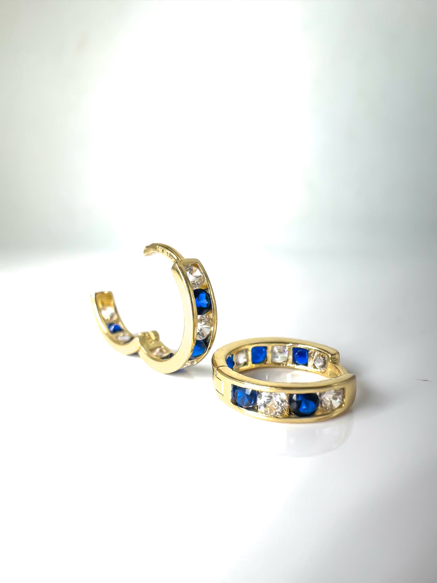 14k Solid Gold with Sapphire and Diamond Huggie Hoop Earring