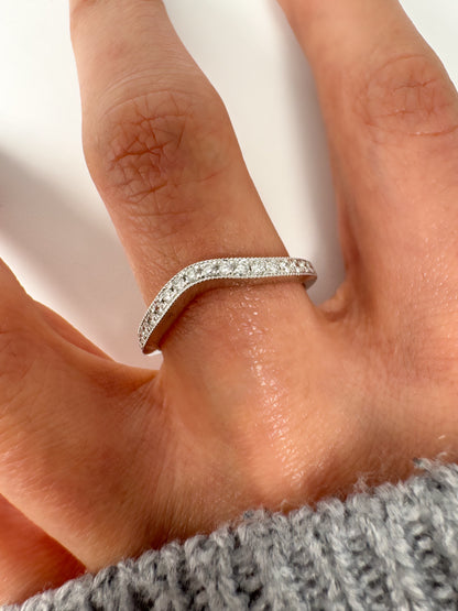 Curved Diamond Wedding Band in 14K Gold, Milgrain Nesting Band