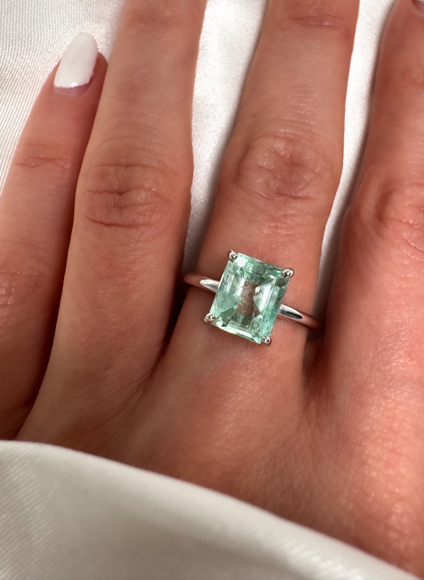14k Gold Emerald Cut Green Beryl Ring, Colombian Light Bluish Green Emerald Solitaire