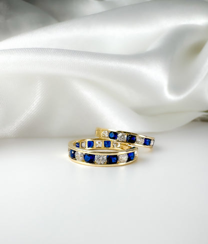14k Solid Gold with Sapphire and Diamond Huggie Hoop Earring