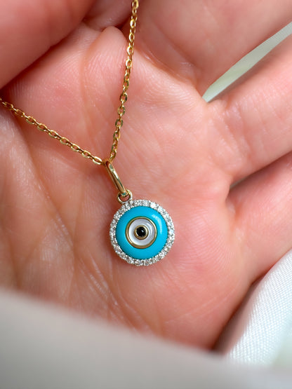 14k Solid Gold Diamond Evil Eye  Charm Pendant, Turquoise & Onyx Protection Charm