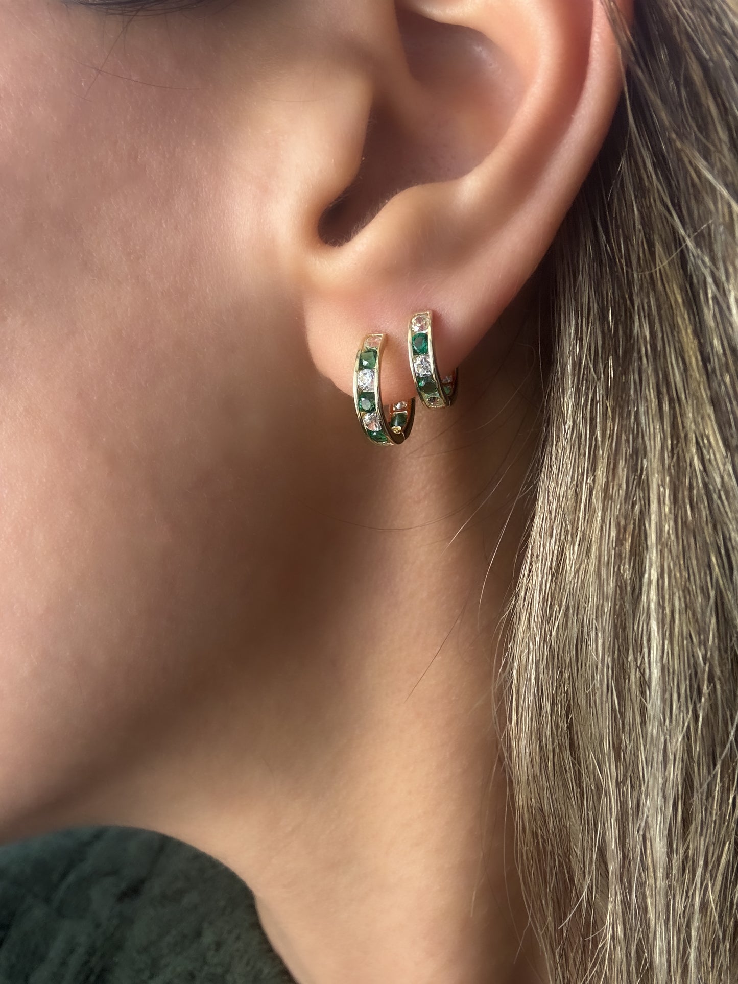 14k Solid Gold Emerald Diamond Huggie Hoop Earrings