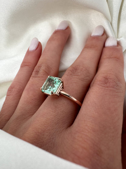 Natural Colombian Emerald Cut Green Beryl Solitaire Ring in Solid 14k Gold