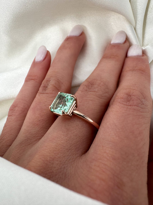 Natural Colombian Emerald Cut Green Beryl Solitaire Ring in Solid 14k Gold