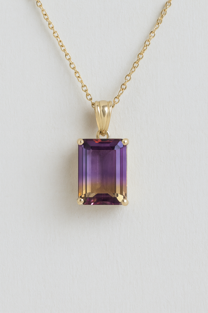 Natural Emerald Cut Ametrine Solitaire Pendant in 14k Solid Gold