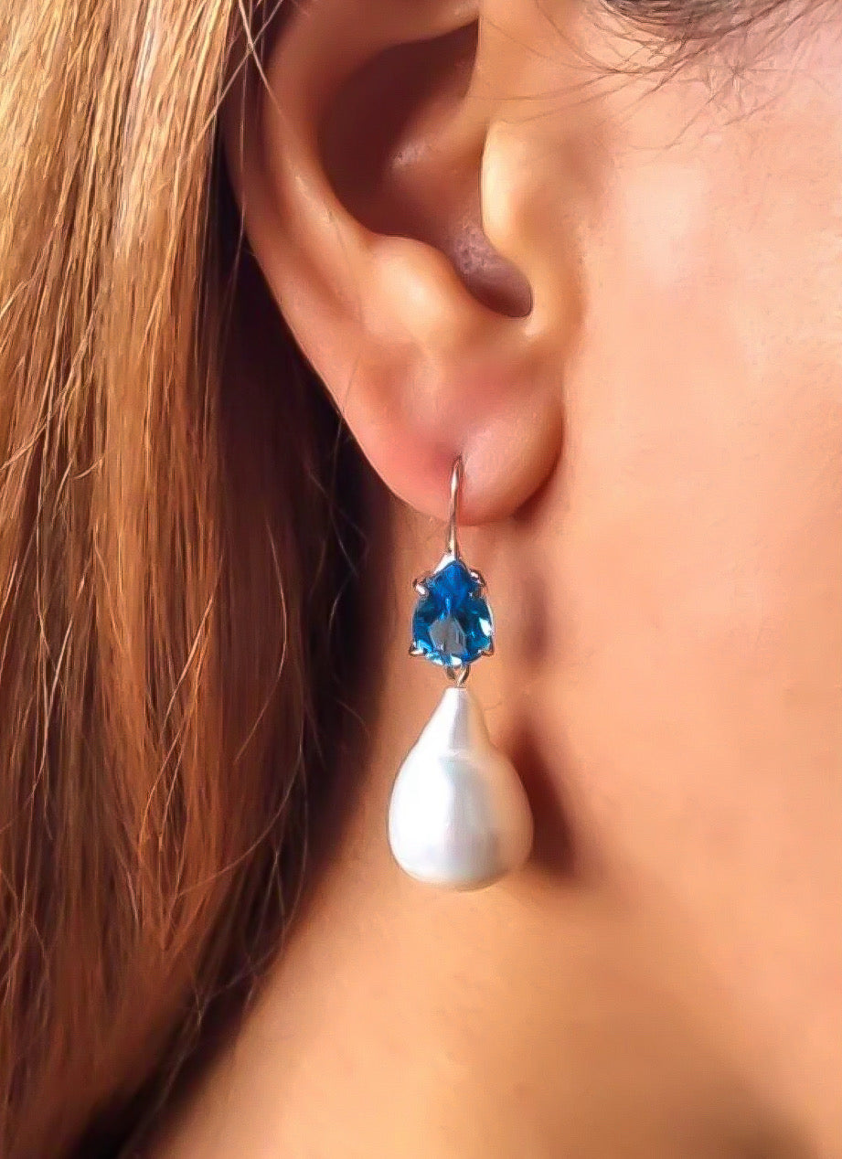 14k Solid Gold Blue Topaz & Baroque Pearl Earrings