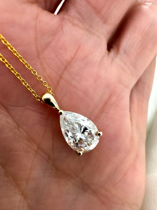 14k Gold Pear Solitaire Necklace — Premium Moissanite or IGI-Certified Lab Diamond