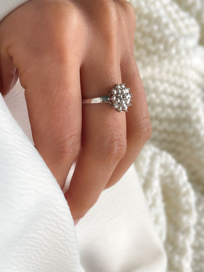 Floral Diamond Ring in Solid 14k White Gold, Cluster Engagement Ring