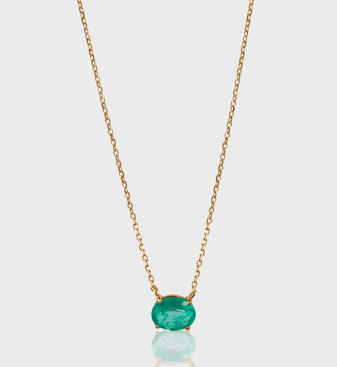 Natural Oval Colombian Emerald Necklace: 14k Solid Gold Pendant