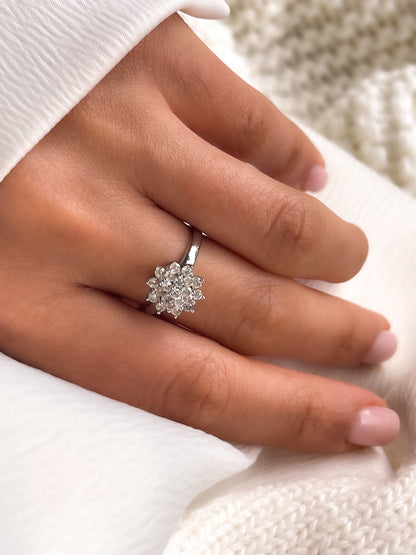 Floral Diamond Ring in Solid 14k White Gold, Cluster Engagement Ring