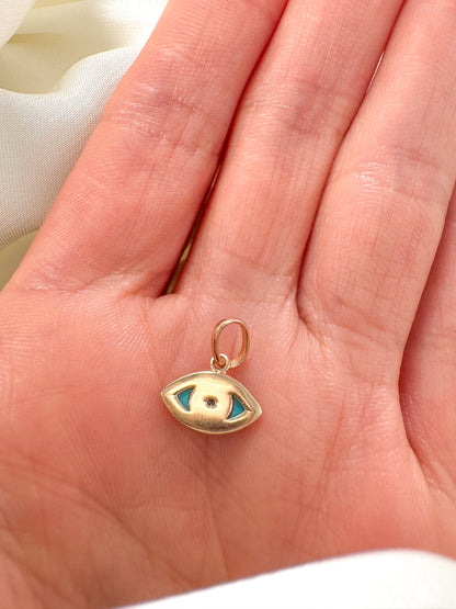14k Solid Gold Eye Shaped Evil Eye Pendant with Diamond, Turquoise & Black Onyx
