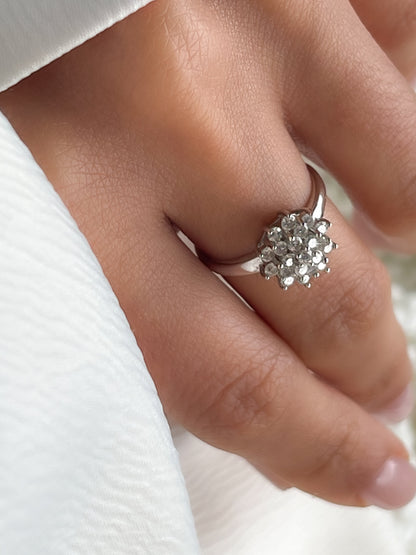 Floral Diamond Ring in Solid 14k White Gold, Cluster Engagement Ring