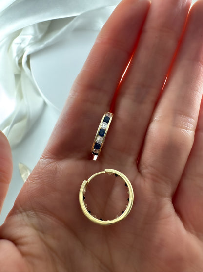 14k Solid Gold with Sapphire and Diamond Huggie Hoop Earring