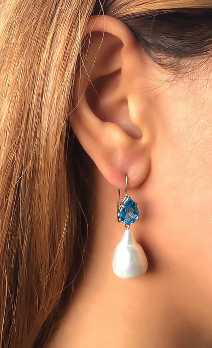 14k Solid Gold Blue Topaz & Baroque Pearl Earrings