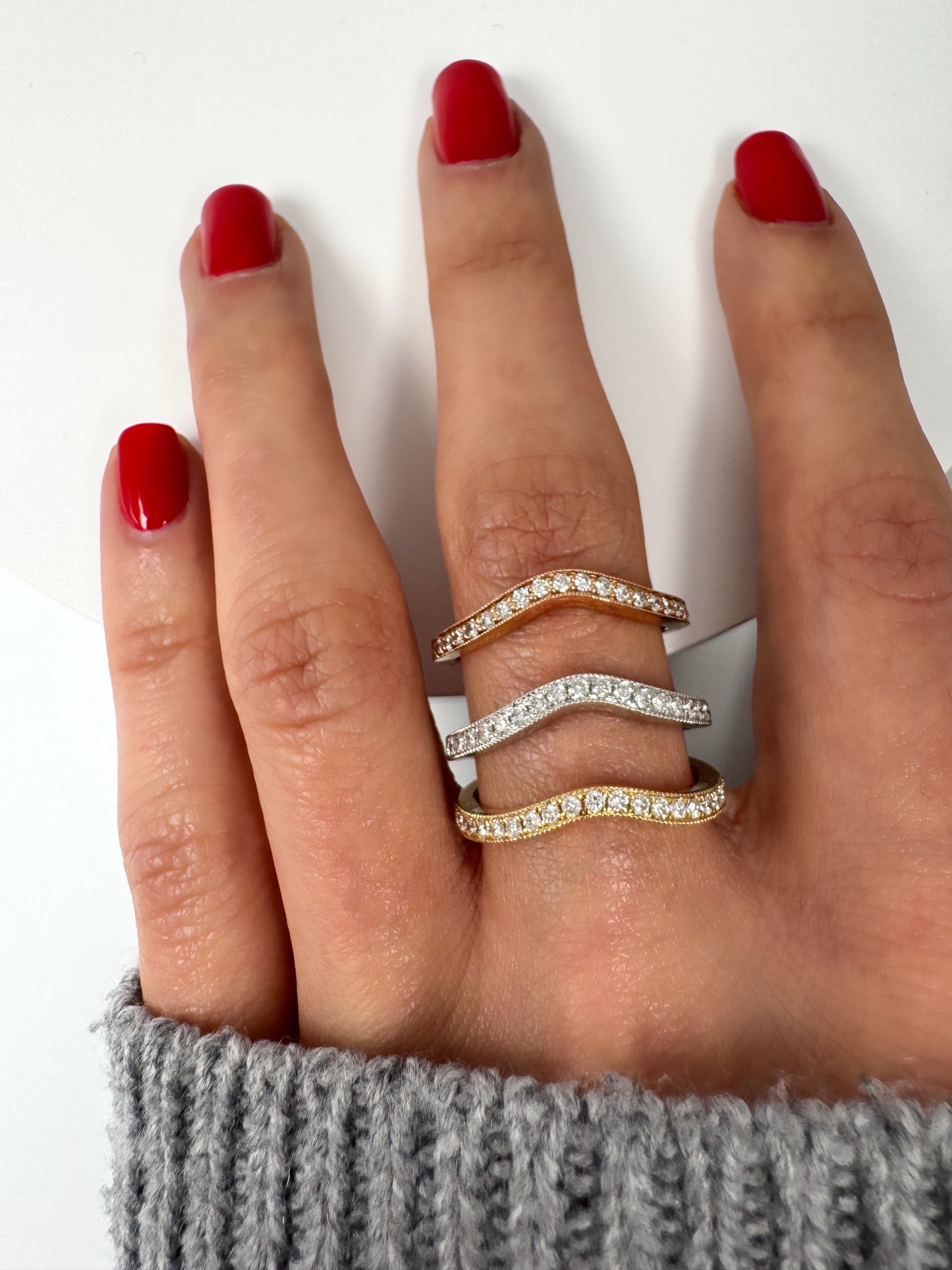 Curved Diamond Wedding Band in 14K Gold, Milgrain Nesting Band