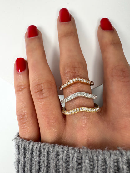 Curved Diamond Wedding Band in 14K Gold, Milgrain Nesting Band