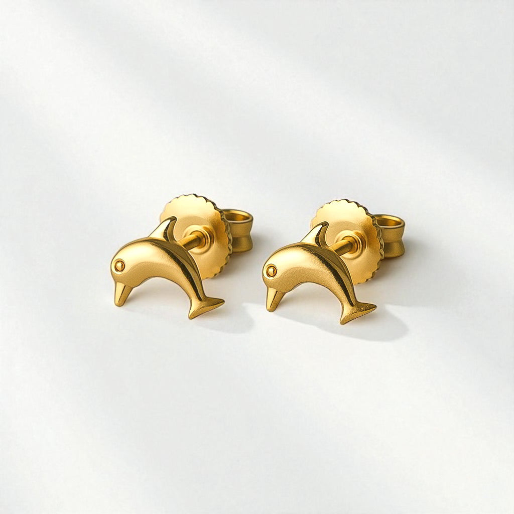 14K Solid Gold Dolphin Stud Earrings: Dainty Ocean Animal Jewelry